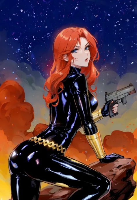  Black Widow, is known from the Marvel series. She's depicted with red hair and blue eyes, dressed in a sleek skin-tight shiny b...