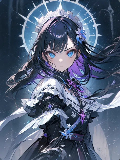 maid outfit, sword, serious face, girl, cool, long black hair