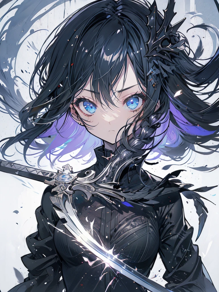 Maid outfit, sword, serious face, girl, cool, long black hair