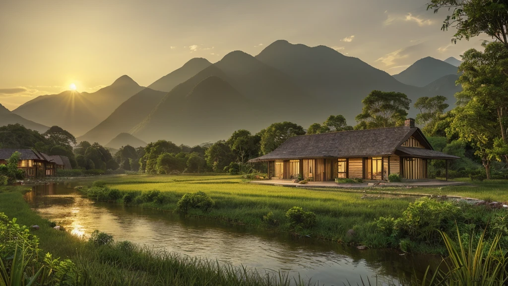 a beautiful rural house near a river and mountains, with golden rice fields, serene landscape, intricate architecture, lush foliage, warm lighting, picturesque scenery, (best quality,4k,8k,highres,masterpiece:1.2),ultra-detailed,(realistic,photorealistic,photo-realistic:1.37),landscape,dramatic lighting,golden hour,idyllic,tranquil,pastoral,vibrant colors