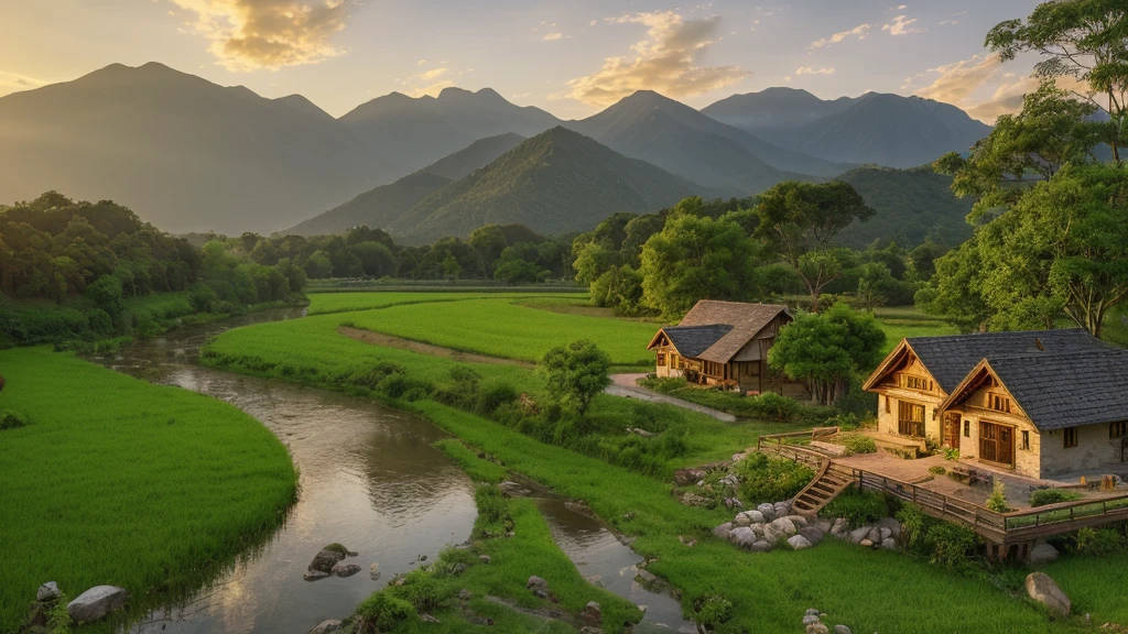 a beautiful rural house near a river and mountains, with golden rice fields, serene landscape, intricate architecture, lush foliage, warm lighting, picturesque scenery, (best quality,4k,8k,highres,masterpiece:1.2),ultra-detailed,(realistic,photorealistic,photo-realistic:1.37),landscape,dramatic lighting,golden hour,idyllic,tranquil,pastoral,vibrant colors