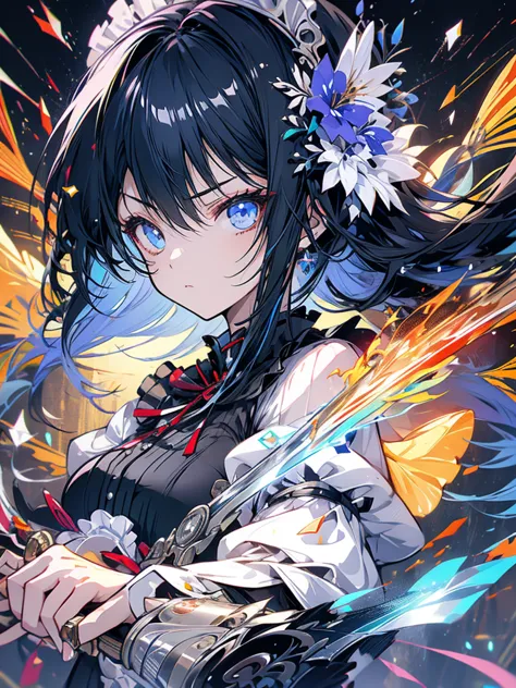 maid outfit, sword, serious face, girl, cool, long black hair