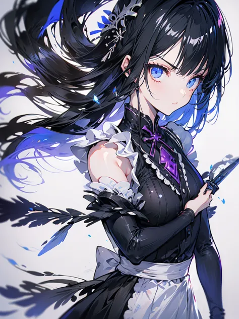 maid outfit, sword, serious face, girl, cool, long black hair