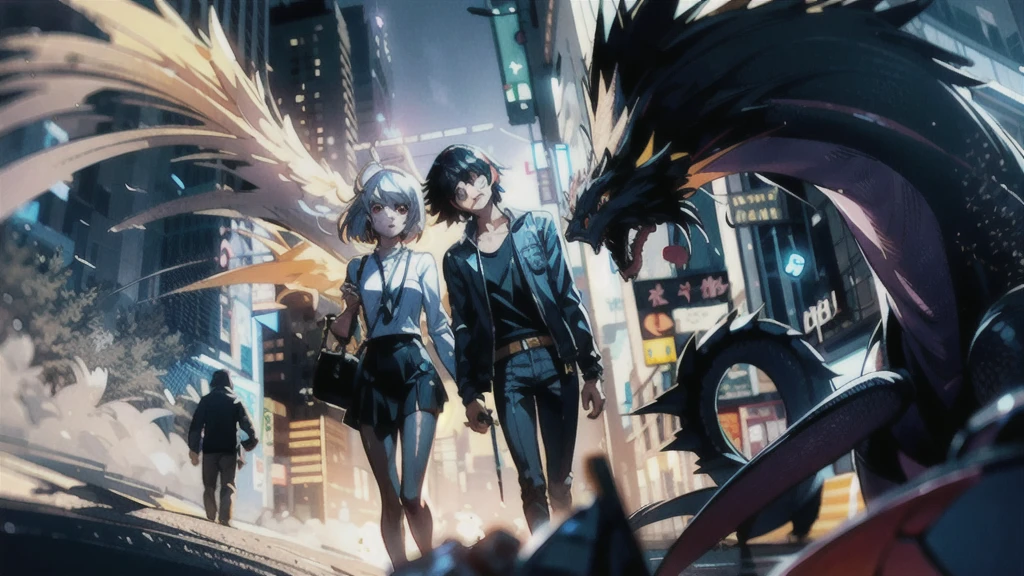 Anime-Paare schlendern durch eine Science-Fiction-Stadt voller Feiern und Ausschweifungen. Ein hüftlanges Mädchen mit weißem Haar und goldenen Pupillen führt einen Mann mit mittellangem Haar.. Hinter ihnen tauchen Schatten von Drachen und Phönixen auf.. Nahaufnahmeperspektive. Konzeptzeichnung von Makoto Shinkai, pixiv-Gewinner, Romantik, Makoto Shinkai Cyril Rolando, liebe konzeptkunst, rosa. Hintergrund Landschaft, Ross Tran und Makoto Shinkai, Ross Tran und Iliá Kuvshinov, Loish und Ross Tran. 