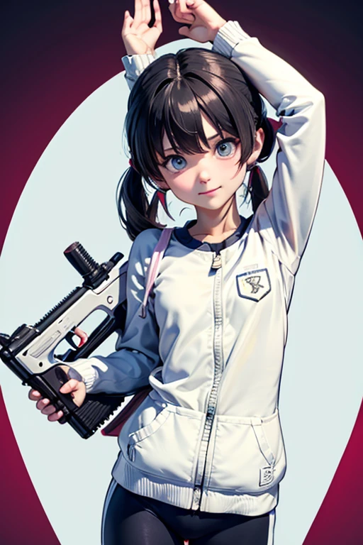 Two knots,girl,Pigtails,Hair tied in two ponytails at the back of the head,Primary school students,Smiling,Black Hair,clear,gunを持っている,Troubled face,gun,Beretta M92F,自動小gunを持っている,gunを両手に持っている,Troubled face,Sad face,Gym suit
