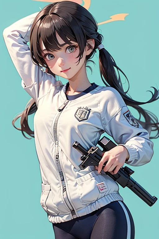 Two knots,girl,Pigtails,Hair tied in two ponytails at the back of the head,Primary school students,Smiling,Black Hair,clear,gunを持っている,Troubled face,gun,Beretta M92F,自動小gunを持っている,gunを両手に持っている,Troubled face,Sad face,Gym suit
