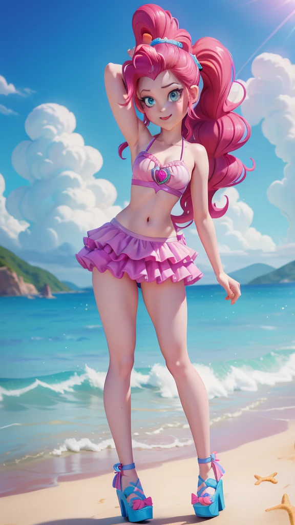 Pinkie Pie, 1 girl, Equestria Girls, magenta hair, long ponytail, blue eyes, pale skin, wet body, shiny body, small, masterpiece, athletic body, full body, smilling, ((magenta frilly bikini, tall platform high heels)), beach, clear sky, standing, hentai
