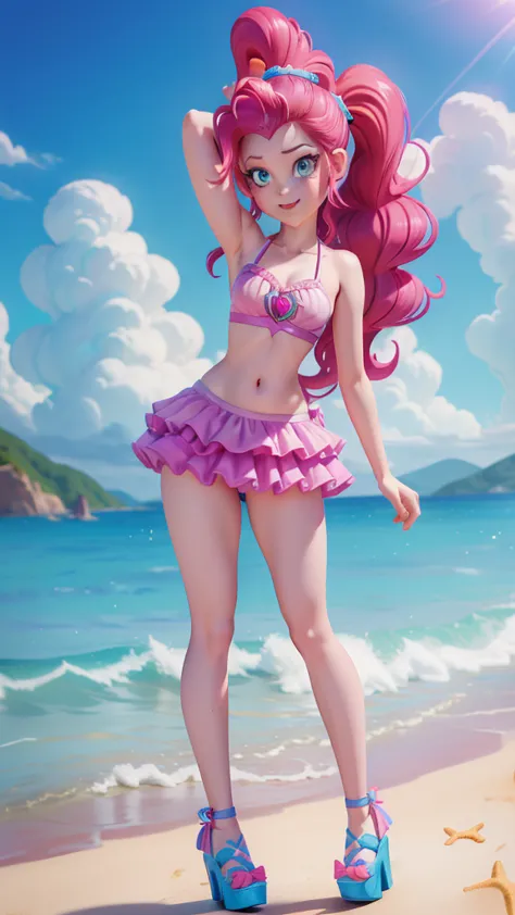 Pinkie Pie, 1 girl, Equestria Girls, magenta hair, long ponytail, blue eyes, pale skin, wet body, shiny body, small, masterpiece...