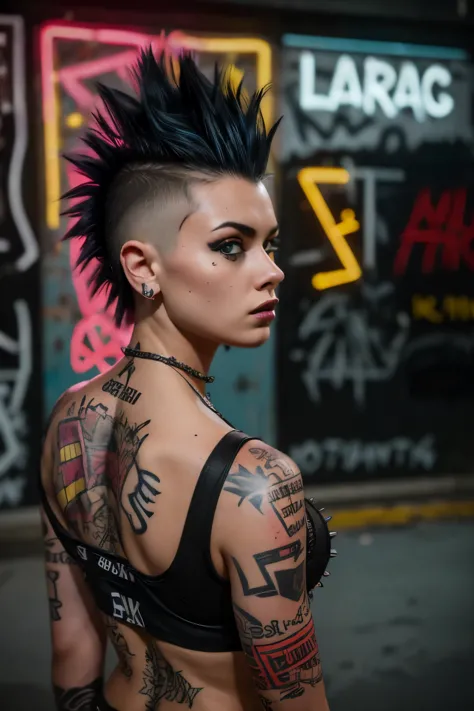 photorealistic, ultra-detailed, ((back viewer, looking to spectator)), ((hot rocker punk girl, spiky black mohawk hair)) girl, h...