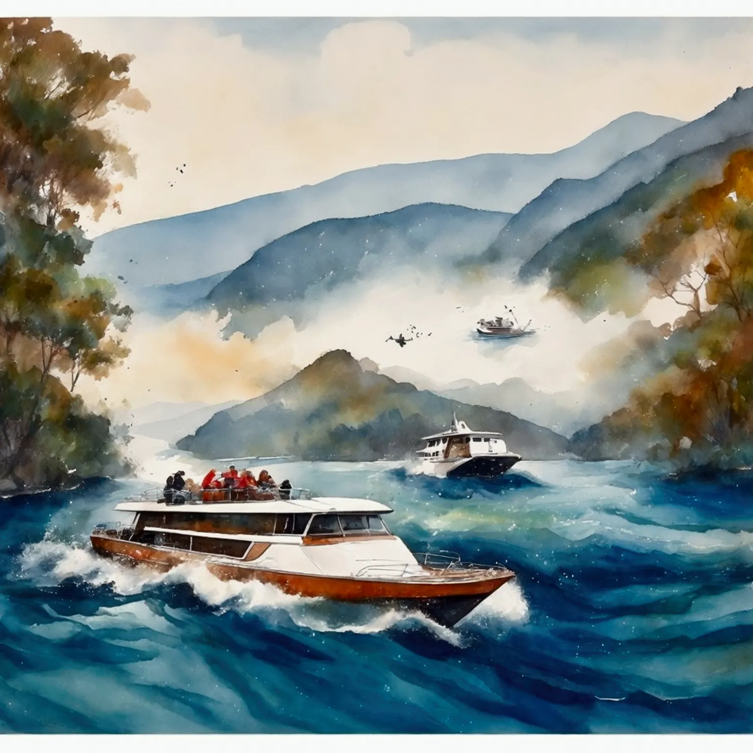 The image shows a group of people on a boat navigating a river surrounded by lush greenery and rocky terrain. The passengers, we...