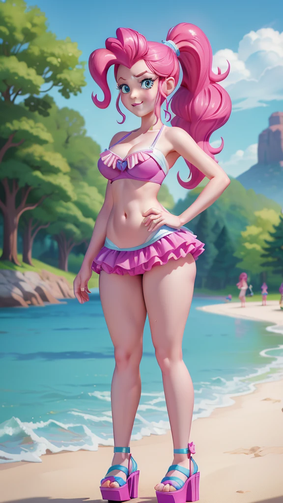 Pinkie Pie, 1 girl, Equestria Girls, magenta hair, long ponytail, blue eyes, pale skin, wet body, shiny body, small, masterpiece, athletic body, full body, smilling, ((magenta frilly bikini, tall open-toe platform high heels)), countryside, clear sky, standing, thick thighs, large breasts
