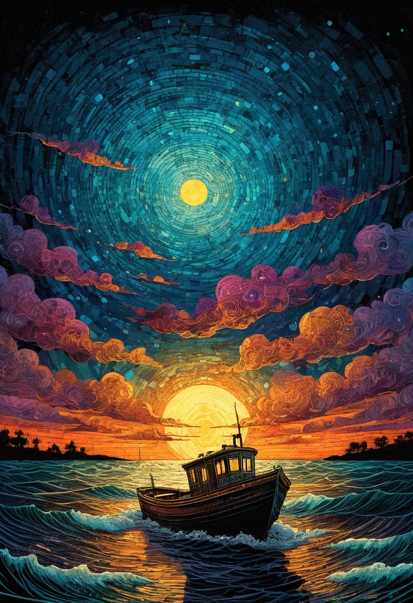 Mixed media magic. Artist James R. Eads. Stormy night over the troubled sea. drifting fishing boat, flashes of lightning on the horizon, vibrant colors, sunset influencing the sun, a fantastic vision, and a detailed, complex, and quality background. Old film grain, tetradic colors, rust style, golden ratio, rule of thirds, cinematic lighting Dark and magical realism. Complementary poisonous colors with deep zoom Memphis style, abstract bokeh background with deep zoom