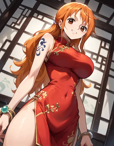 score_9, score_8_up, score_7_up, source_anime, best quality, clear face, nami, orange hair, orange eyes, long hair, large breast...