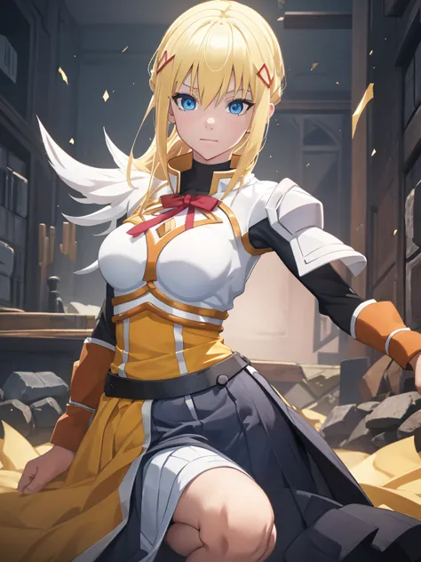 darkness from konosuba anime, 1girl, as a highschool girl, wearing a , with white shirt and blue skirt, blonde hair, blue eyes, ...