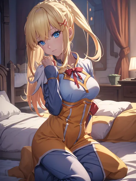 darkness from konosuba anime, 1woman, wearing a cute pajamas at morning bed , blonde hair, blue eyes, 8k, high detailed, high qu...