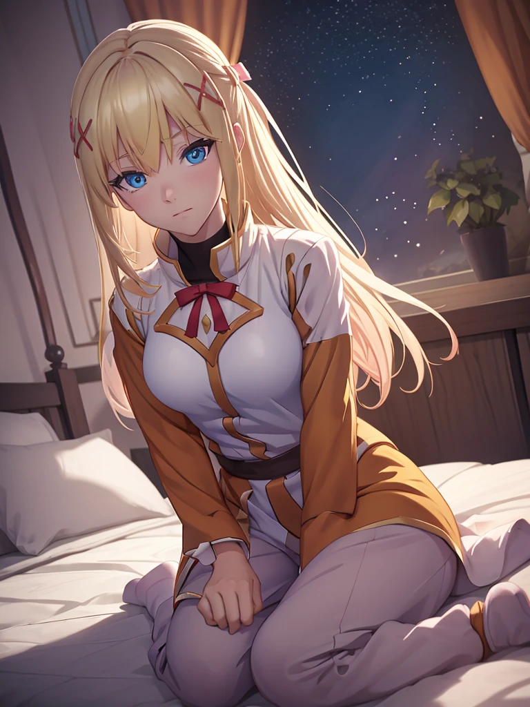 Darkness from konosuba anime, 1woman, wearing a cute pajamas at morning bed , blonde hair, blue eyes, 8k, high detailed, high quality