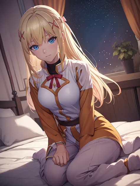 darkness from konosuba anime, 1woman, wearing a cute pajamas at morning bed , blonde hair, blue eyes, 8k, high detailed, high qu...