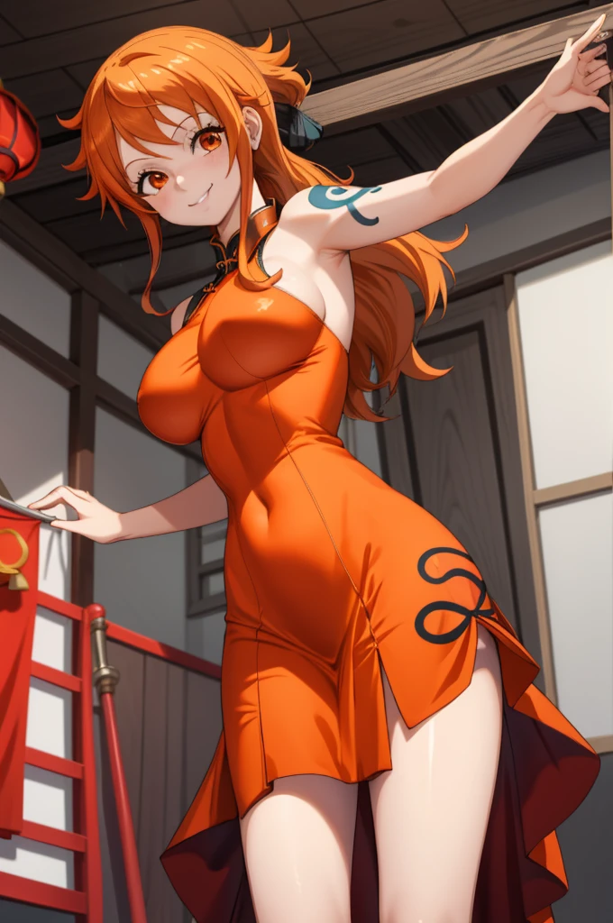 score_9, score_8_up, score_7_up, source_anime, best quality, clear face, Nami, orange hair, orange eyes, long hair, large breasts, perfect body, standing, looking at viewer, smile, china dress, red clothes, dynamic angle, indoor, from below