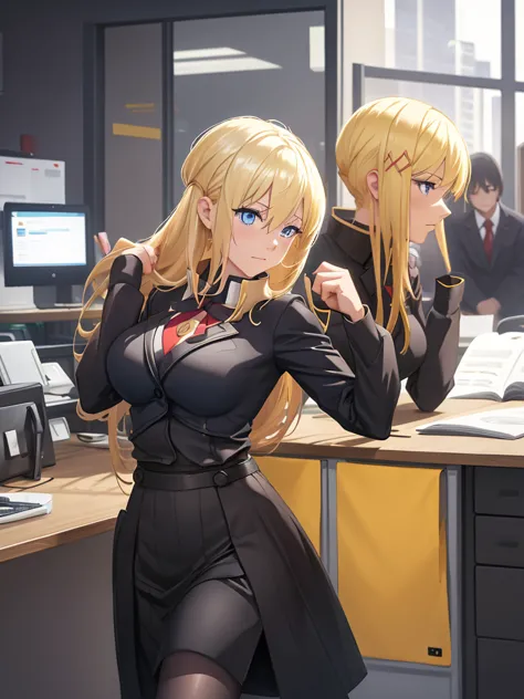 darkness from konosuba anime, 1woman, wearing a office suit, as an office lady, black tight skirt, at an office , blonde hair, b...