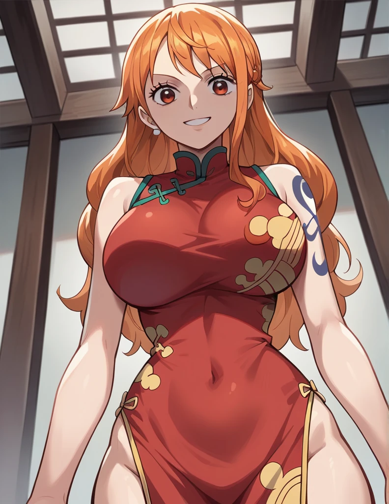 score_9, score_8_up, score_7_up, source_anime, best quality, clear face, Nami, orange hair, orange eyes, long hair, large breasts, perfect body, standing, looking at viewer, smile, china dress, red clothes, dynamic angle, indoor, from below