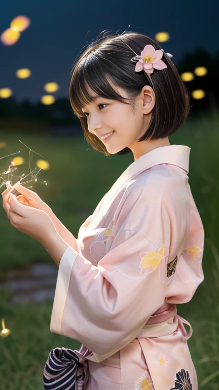 masterpiece, Highest quality, RAW Photos, Ultra-high resolution, Realistic, (16 years old,From the side, Baby Face, Cute Face, Perfect body, The waist is slim、The body is rich, Thin legs,), Realistic Skin, Angle from below), ((Japanese light pink yukata))、Long sleeves、Pink flower pattern、A rural grassland、stream、((Night Sky))、(((Fireflies on your fingertips)))、 Round face, Black Hair, Cute Smile, Shining Eyes, Short Bob Cut, bangs, A slight blush, (View your audience, stretch), Natural light, full length