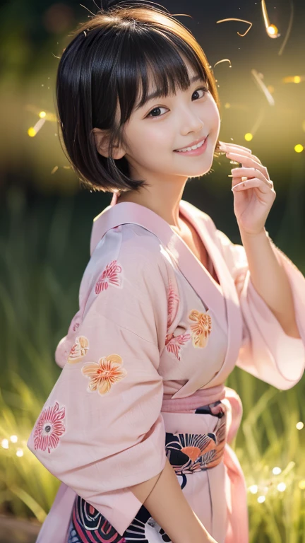 masterpiece, Highest quality, RAW Photos, Ultra-high resolution, Realistic, (16 years old,From the side, Baby Face, Cute Face, Perfect body, The waist is slim、The body is rich, Thin legs,), Realistic Skin, Angle from below), ((Japanese light pink yukata))、Long sleeves、Pink flower pattern、A rural grassland、stream、((Night Sky))、(((Fireflies on your fingertips)))、 Round face, Black Hair, Cute Smile, Shining Eyes, Short Bob Cut, bangs, A slight blush, (View your audience, stretch), Natural light, full length