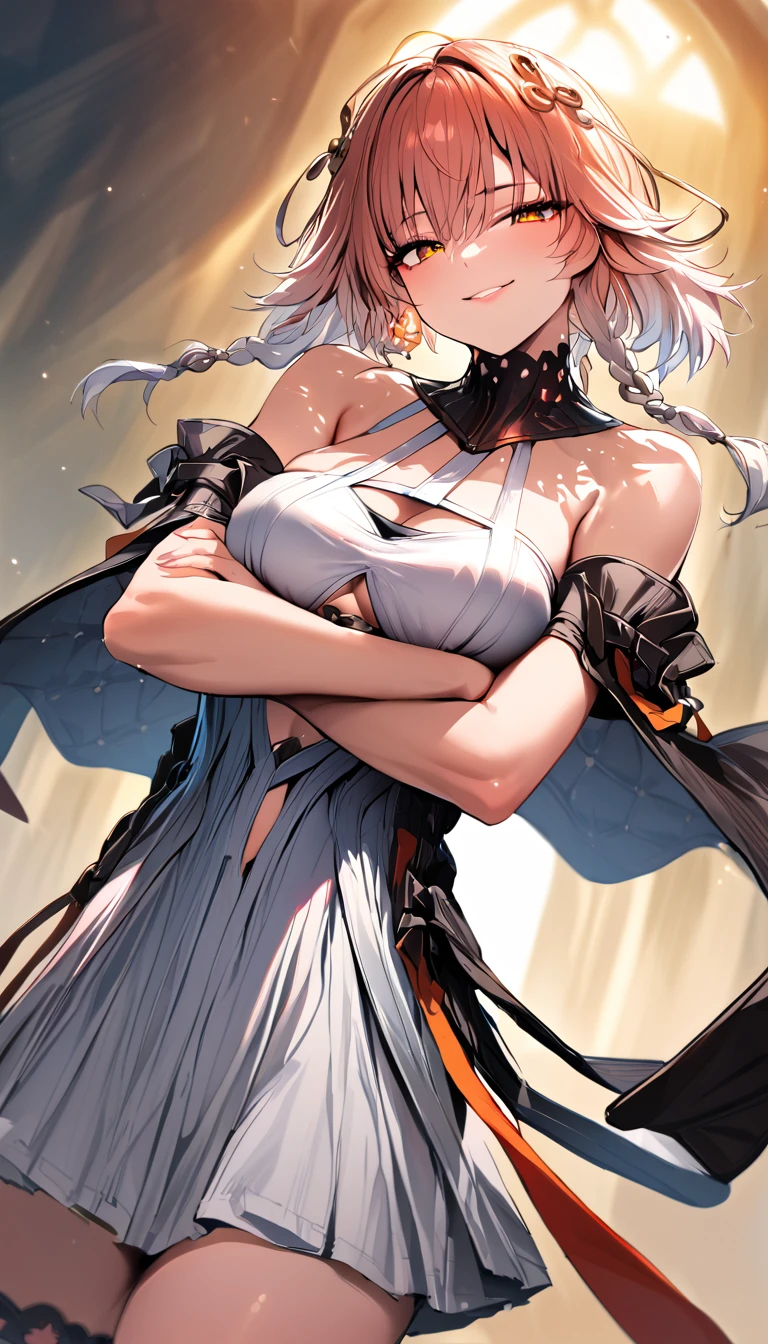 ((masterpiece)),((Highest quality)),High resolution,Perfect lighting,dusty(coming), One woman, chest, alone, Orange eyes, View your viewers, Exposing shoulders,White Dress,大きなchest, Redhead, Striped Hair, Gray Hair, Captivating smile, from the front, Cowboy Shot, Arms crossed,