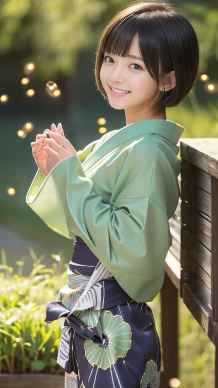 masterpiece, Highest quality, RAW Photos, Ultra-high resolution, Realistic, (16 years old,From the side, Baby Face, Cute Face, Perfect body, The waist is slim、The body is rich, Thin legs,), Realistic Skin, Angle from below), ((Japanese light green yukata))、Long sleeves、Green flower pattern、A rural grassland、stream、((Night Sky))、(((Fireflies on your fingertips)))、 Round face, Black Hair, Cute Smile, Shining Eyes, Short Bob Cut, bangs, A slight blush, (View your audience, stretch), Natural light, full length