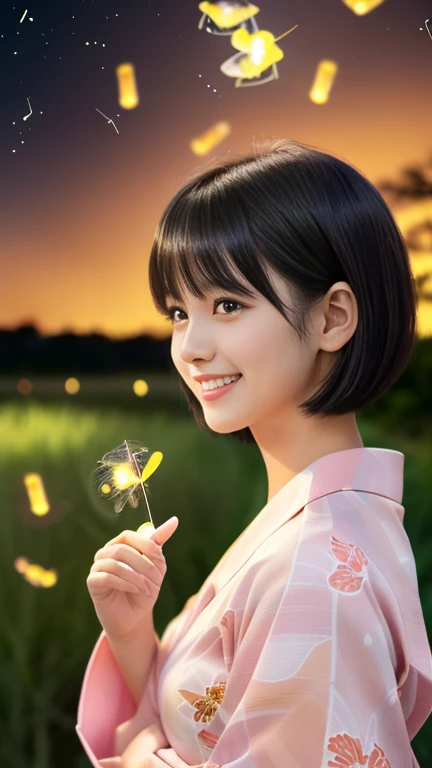 masterpiece, Highest quality, RAW Photos, Ultra-high resolution, Realistic, (16 years old,From the side, Baby Face, Cute Face, Perfect body, The waist is slim、The body is rich, Thin legs,), Realistic Skin, Angle from below), ((Japanese light pink yukata))、Long sleeves、Pink flower pattern、A rural grassland、stream、((Night Sky))、(((Fireflies on your fingertips)))、 Round face, Black Hair, Cute Smile, Shining Eyes, Short Bob Cut, bangs, A slight blush, (View your audience, stretch), Natural light, full length