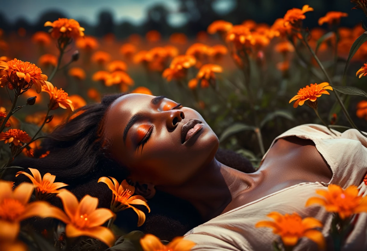 Wide-angle lens, Low Angle shot, medium shot, f/2.8, ISO 50, cinematic, a african woman in a field of orange flowers, sleeping, closed eyes, closed mouth, face turned towards the viewer, perfect face, dark background, vibrant colors, a detailed painting, fantasy art, Anna Dittmann,  sin city style