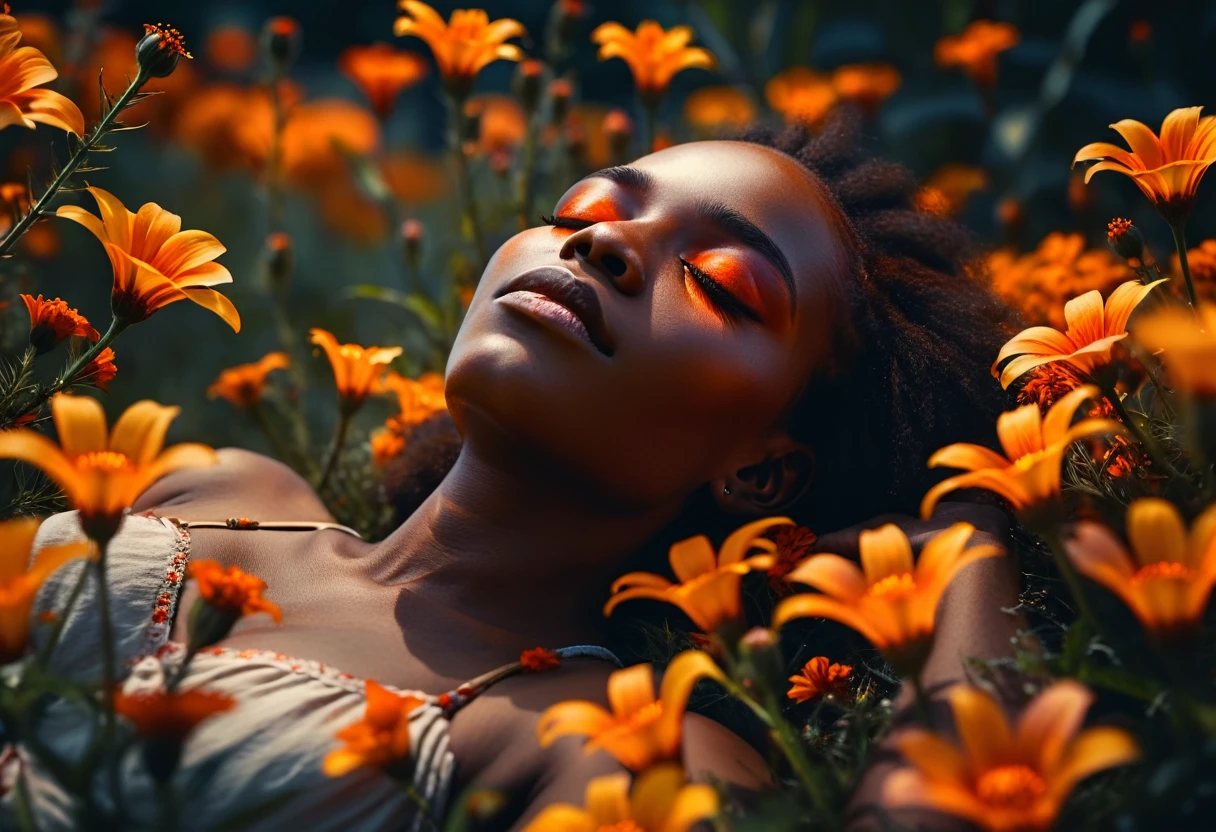 Wide-angle lens, Low Angle shot, medium shot, f/2.8, ISO 50, cinematic, a african woman in a field of orange flowers, sleeping, closed eyes, closed mouth, face turned towards the viewer, perfect face, dark background, vibrant colors, a detailed painting, fantasy art, Anna Dittmann,  sin city style