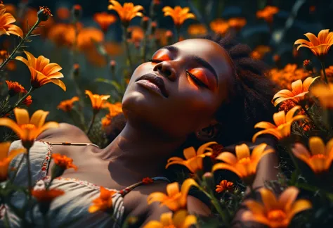 wide-angle lens, low angle shot, medium shot, f/2.8, iso 50, cinematic, a african woman in a field of orange flowers, sleeping, ...