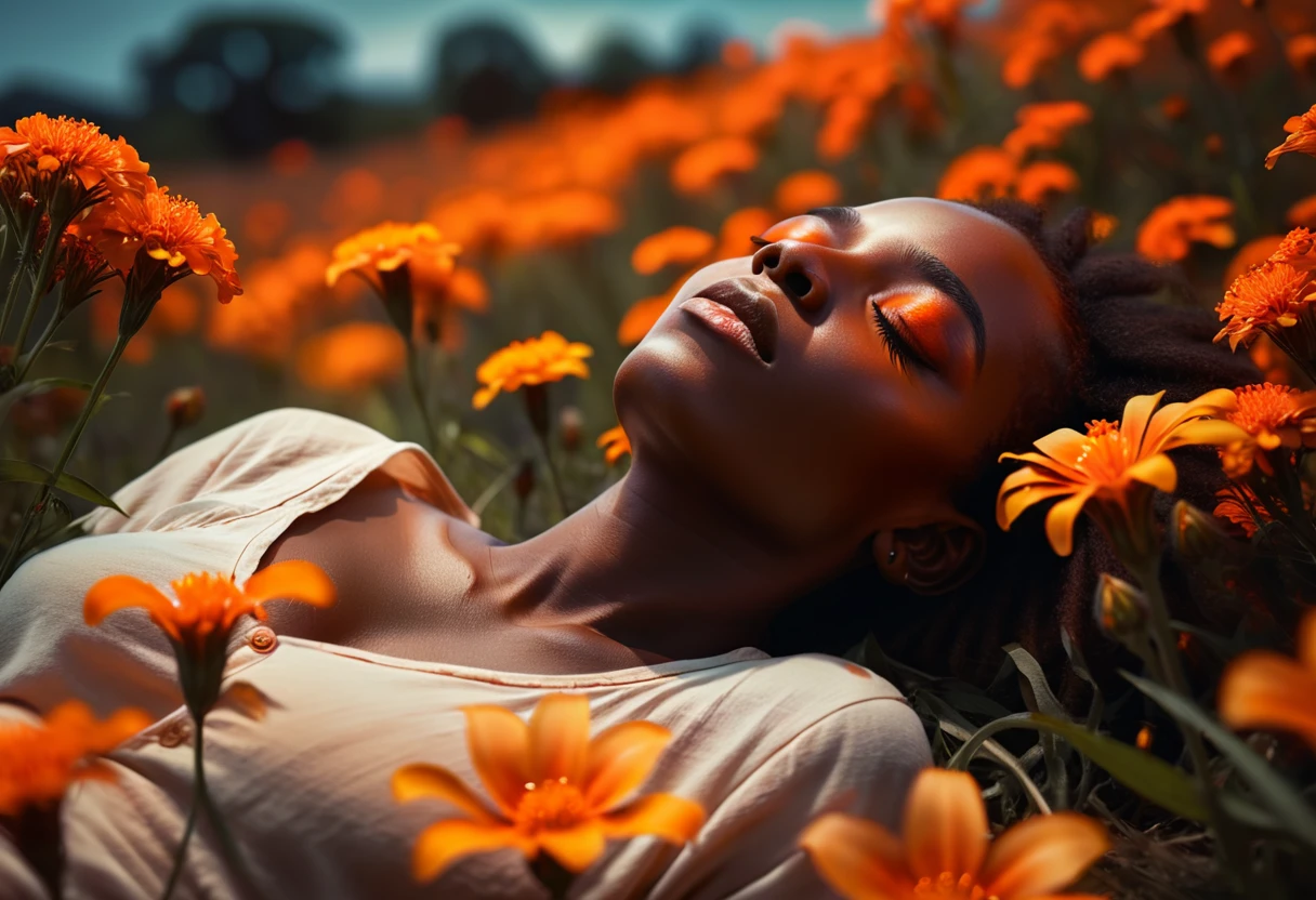 广角镜头, 低角度拍摄, 中景拍摄, F/2.8, ISO 50, 電影, a aFrican woman in a Field oF orange Flowers, 睡眠, 闭上眼睛, 闭嘴, Face turned towards the viewer, perFect Face, 深色背景, 鲜艳的色彩, 一幅细致的画, Fantasy art, 安娜·迪特曼,  罪恶之城风格