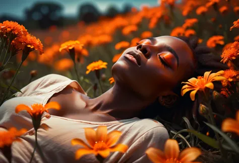 wide-angle lens, low angle shot, medium shot, f/2.8, iso 50, cinematic, a african woman in a field of orange flowers, sleeping, ...