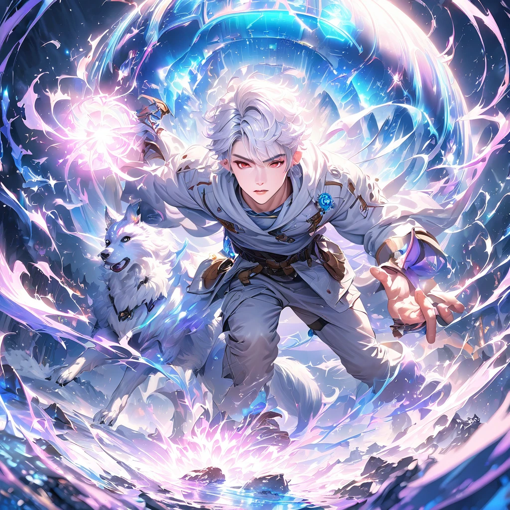 A cute short-haired white-haired elf boy with red eyes, performing magic, cute elf mage, handsome man, using magic, snowy background, fighting fierce wolves, winter outfit, combat pose, blue magic covering the scene, energy dome, brave expression, (best quality,4k,8k,highres,masterpiece:1.2),ultra-detailed,(realistic,photorealistic,photo-anime),fantasy,concept art,digital painting,dramatic lighting,vibrant colors