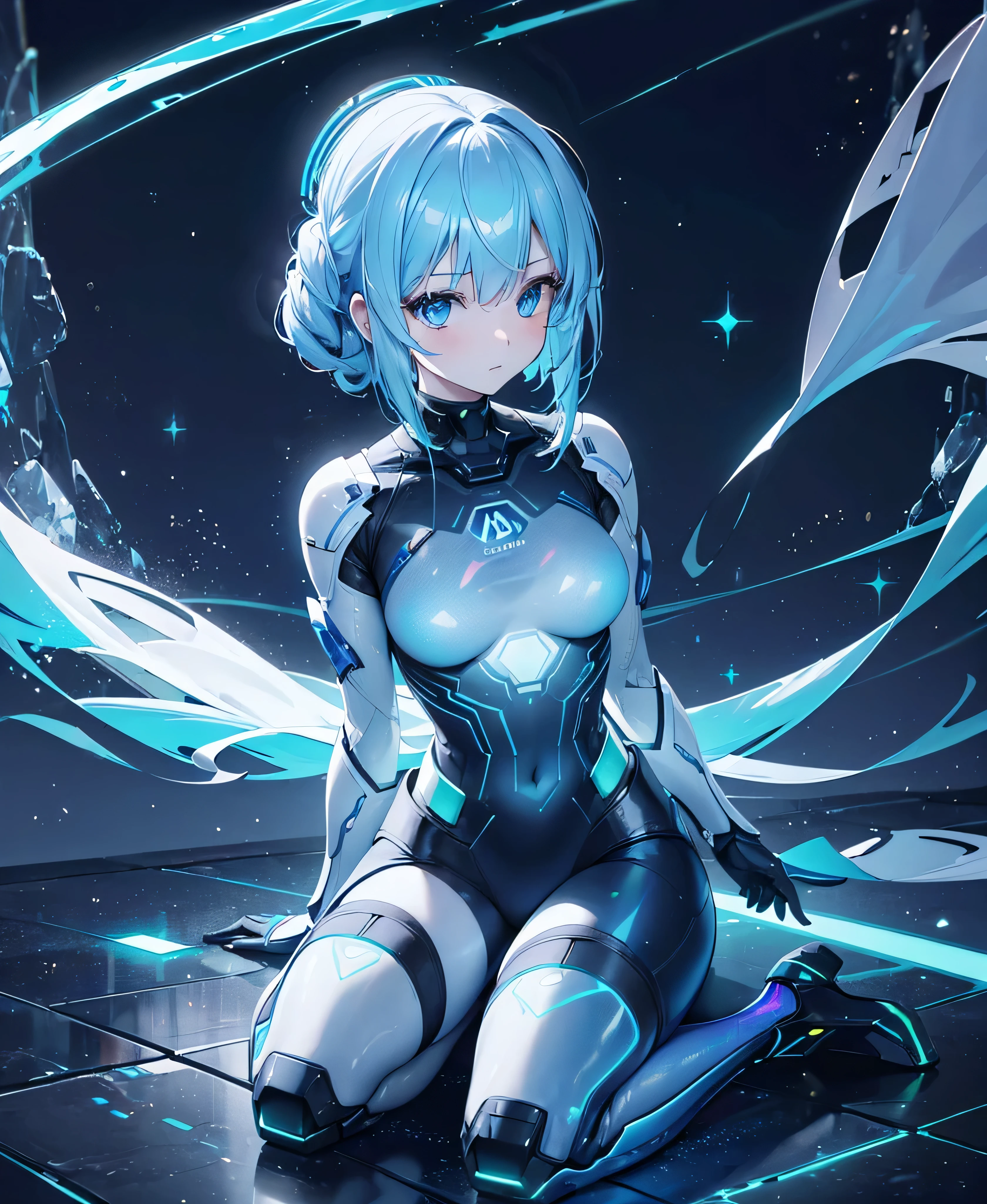 ((Holographic glow effect)),8k, Highest quality, (real:1.4), Original photo, 1 girl, Asari Hair, Biological Amplifier, refined armor, posture: Peace talks between warring factions, smart blue eyes,whole body