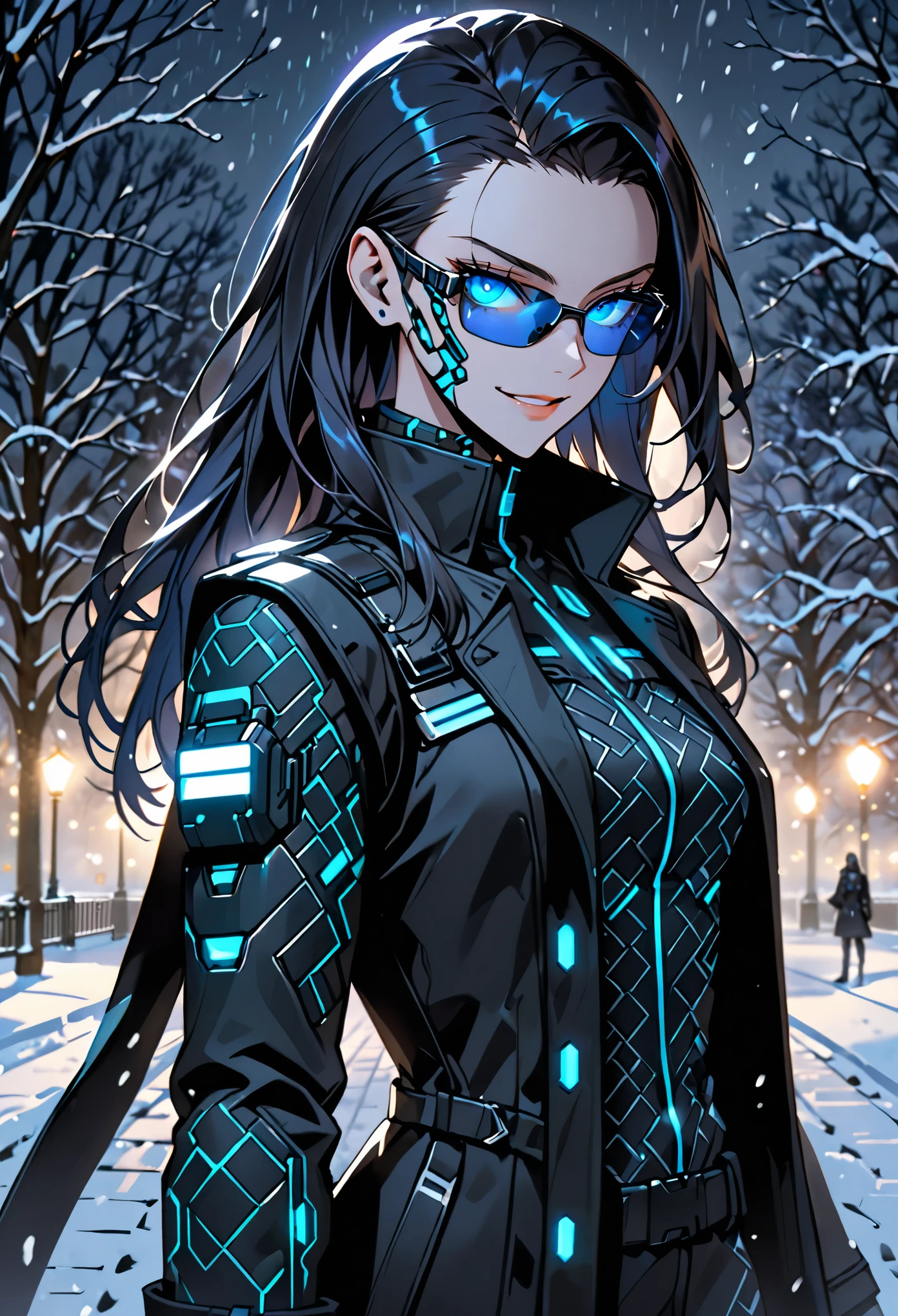 solo, female, tall, glowing blue eyes, slicked back hair, long hair, cybernetic augmentation visible through skin, black trench coat, bullet-proof vest, smirk, black gloves, snow, park, night, JC Denton, circuitry pattern on sideburns, sunglasses