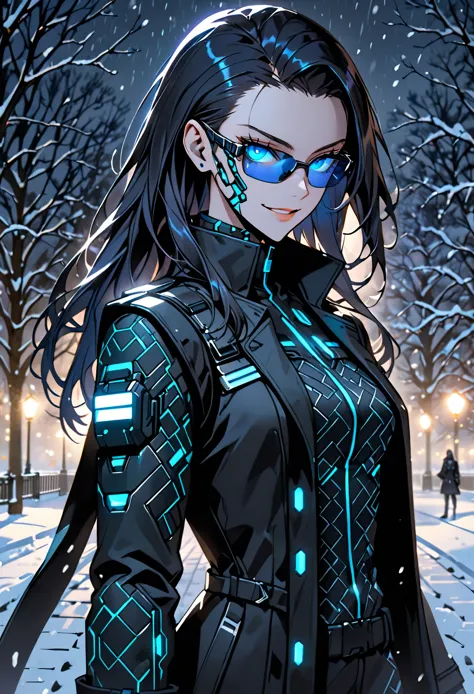 solo, female, tall, glowing blue eyes, slicked back hair, long hair, cybernetic augmentation visible through skin, black trench ...