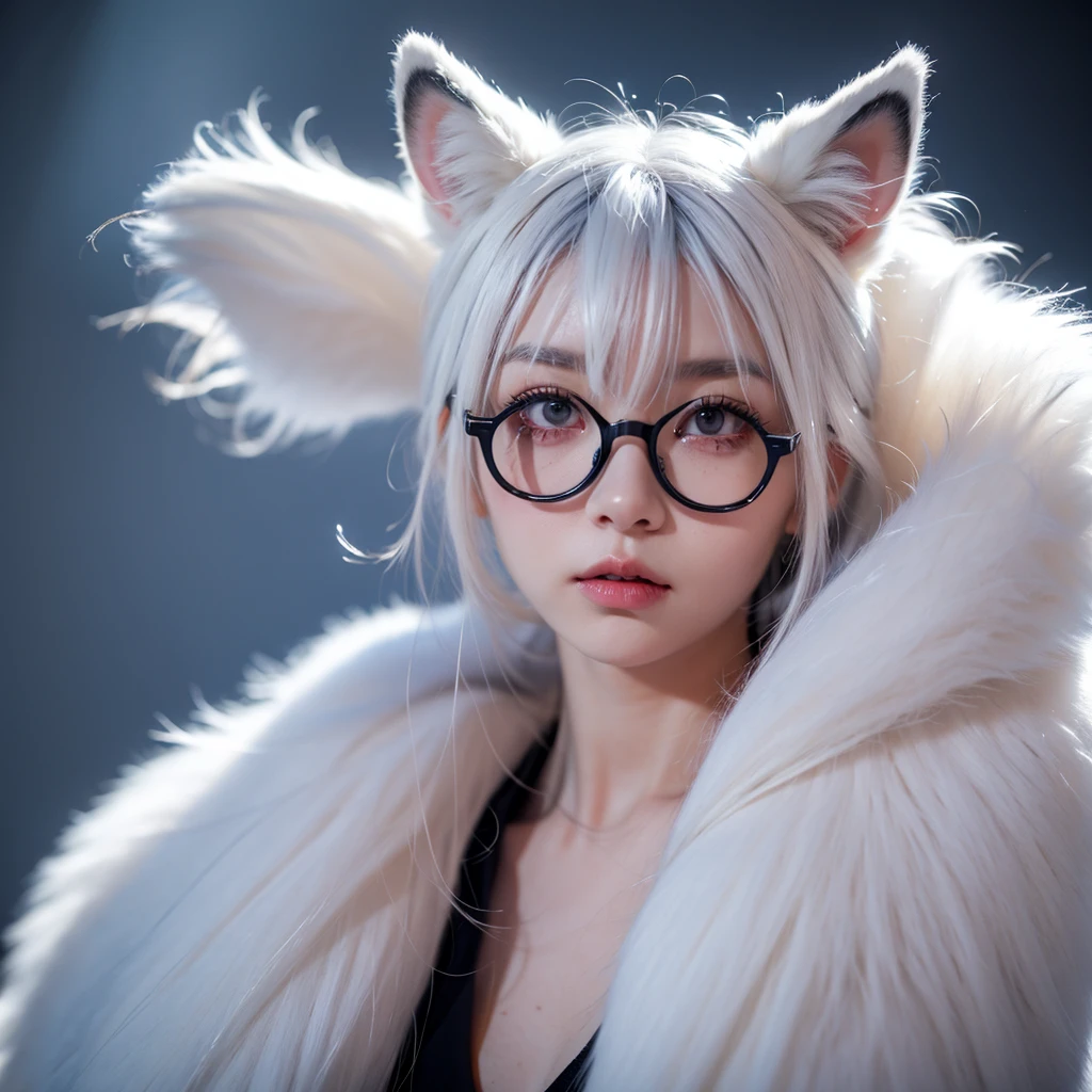 1 Girl，fox，White and blue fur，White hair，Red eyes，Gray eyebrows，Black glasses，cute