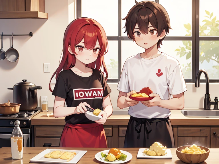 2 characters, An effeminate brown-eyed brown-haired boy in a girly T-shirt and maxi skirt and a red-haired girl in a bikini are preparing scrambled eggs in the kitchen, early morning