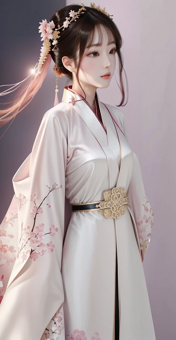 Wearing a pink dress、Araf woman holding fan and white dress, inspired author：Zheng Xiaorong, author：Zheng Xiaorong, Hanfu, pale pink and gold kimono, Mei Qing, lots of merlot, white Hanfu, Light and colored kimono, Inspired by Cheng Yanjun, Elegant digital art