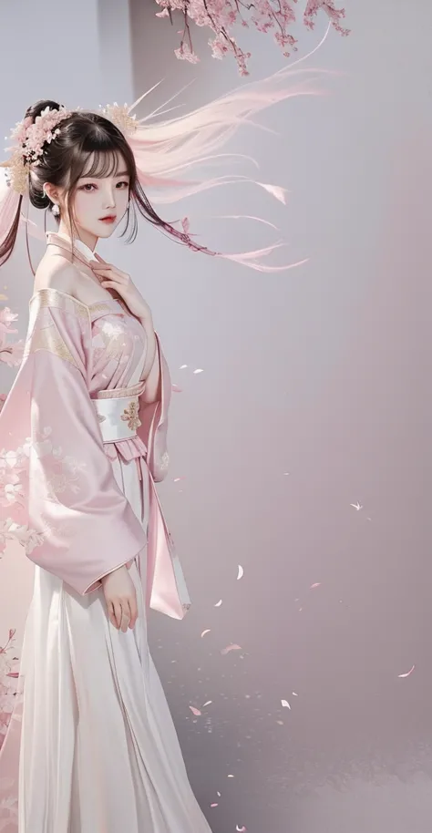 Wearing a pink dress、Araf woman holding fan and white dress, inspired author：Zheng Xiaorong, author：Zheng Xiaorong, Hanfu, pale ...