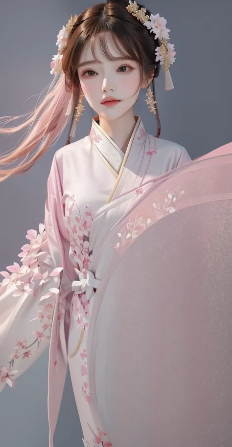 Wearing a pink dress、Araf woman holding fan and white dress, inspired author：Zheng Xiaorong, author：Zheng Xiaorong, Hanfu, pale ...
