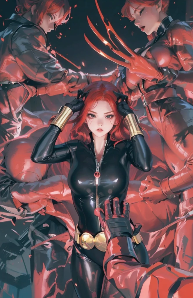 The image displays a red-haired woman in a sleek skin-tight shiny black latex bodysuit with a deep-cut zipper neckline revealing a large chest, the silver zipper running down the front
 adorned with gold wrist guards and belt, standing with her hands on her head against a red background. She is surrounded by numerous red hands or claws extending toward her from all directions, creating an intense, dramatic atmosphere and indicating some form of impending threat. Her posture suggests determination and readiness, painting her as a figure of power or heroism amid the danger.