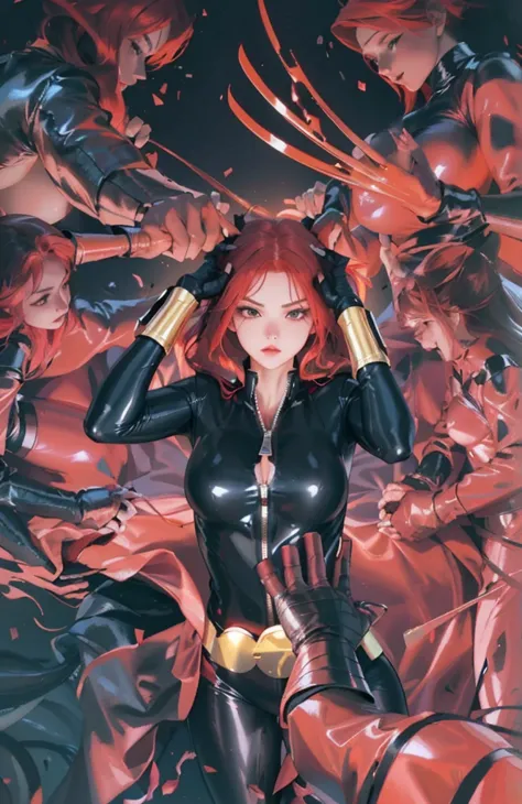The image displays a red-haired woman in a sleek skin-tight shiny black latex bodysuit with a deep-cut zipper neckline revealing...