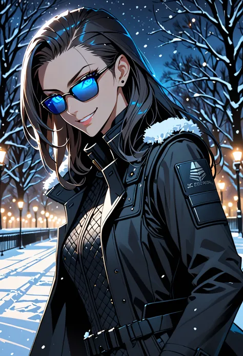 solo, female, tall, glowing blue eyes, slicked back hair, long hair, black trench coat, bullet-proof vest, smirk, black gloves, ...