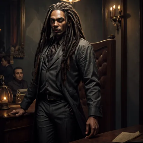A vampiric black man with long dreadlocks, yellow eyes, wearing a stylish gray suit, standing behind a desk in an opulent dark o...