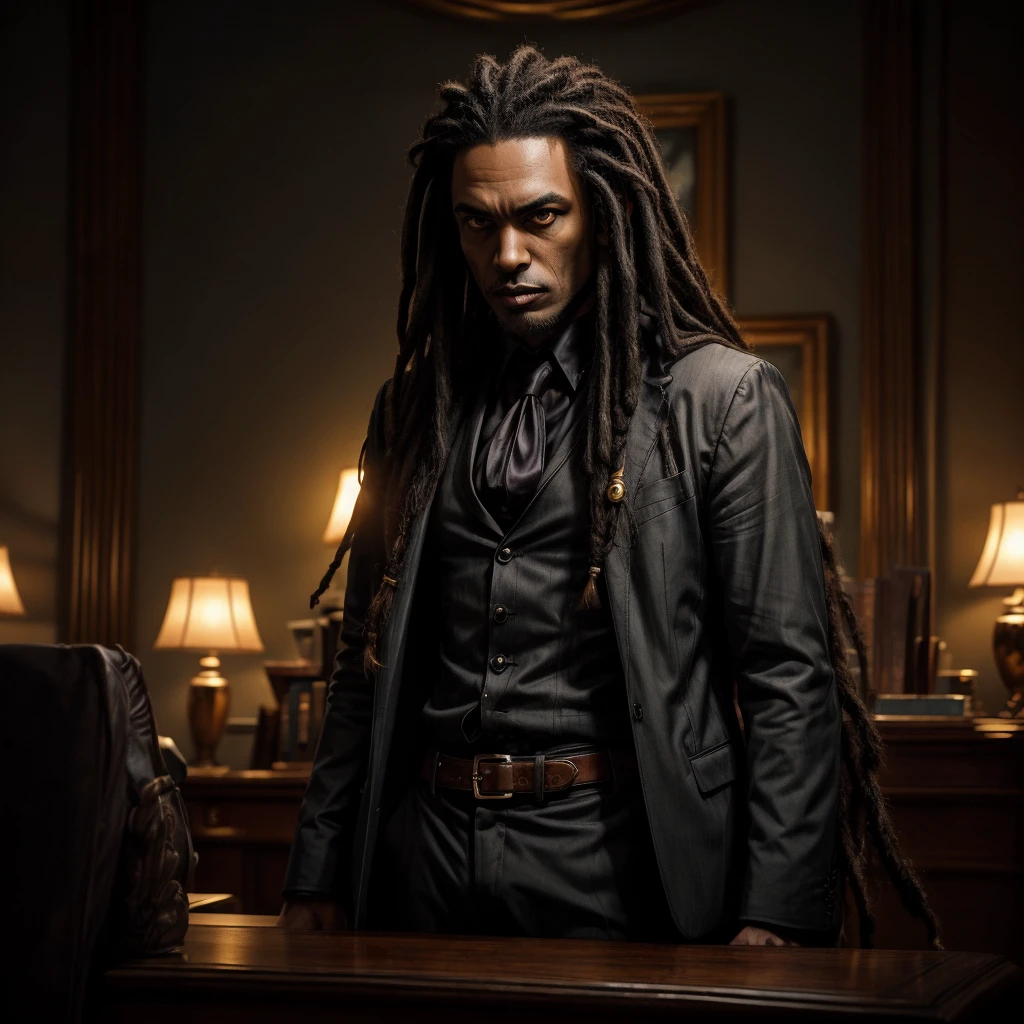 A vampiric black man with long dreadlocks, yellow eyes, wearing a stylish gray suit, standing behind a desk in an opulent dark office, vampire fangs