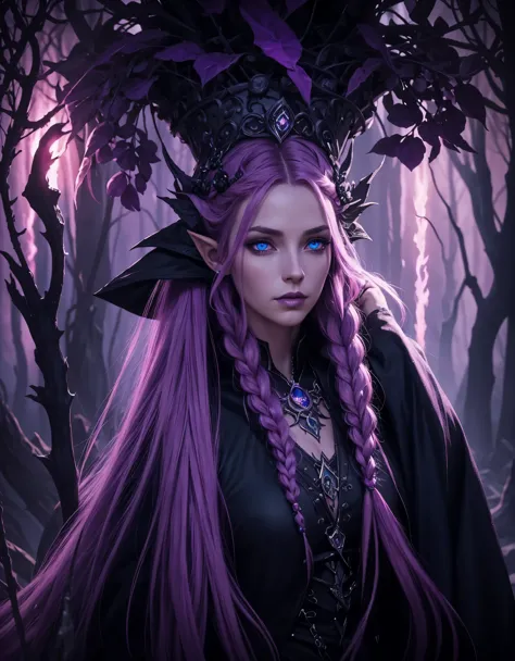 a dark elf witch queen, piercing blue eyes, purple and pink hair, braided hair, long hair, detailed portrait, intricate details, high fantasy, cinematic composition, dramatic lighting, rich colors, warm color palette, glowing magic aura, mystical atmosphere, powerful presence, regal and commanding