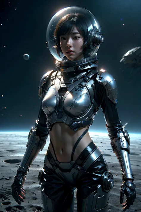 a girl wearing a space suit, completely exposed abdomen, bare waist,cowboy shooting, in outer space, desolate alien cold planet,...